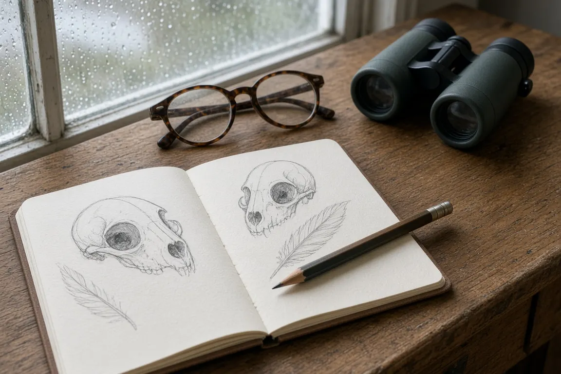 An open field notebook with species sketches, a pencil and reading glasses on a wooden desk by a window