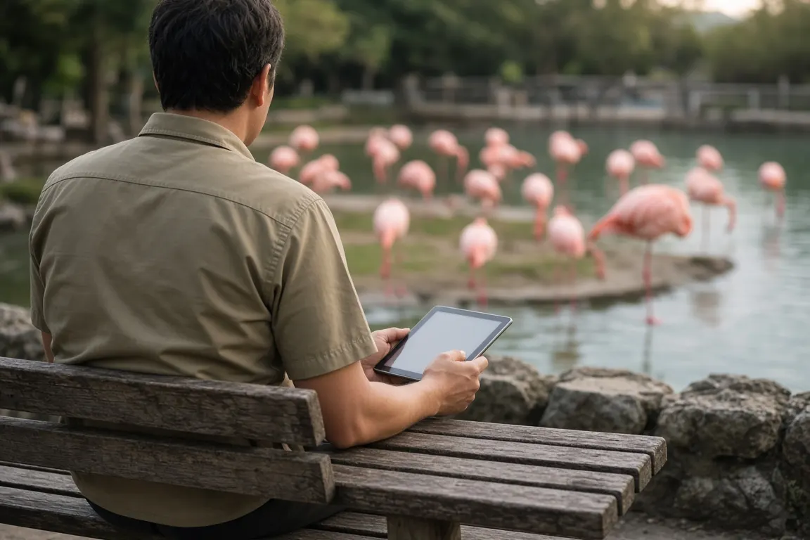 A keeper reading on a tablet on a bench beside a flamingo lagoon in soft morning light