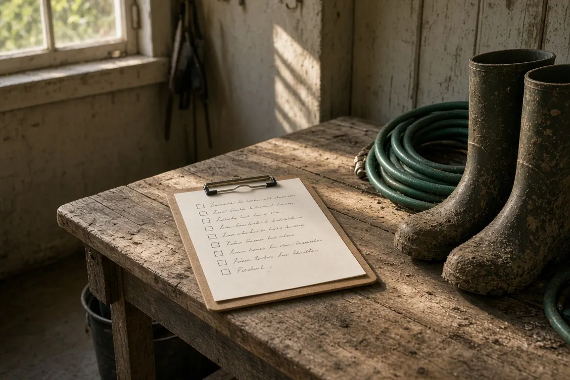A handwritten checklist on a clipboard beside a pair of green rubber boots on a wooden bench in a keeper's workroom
