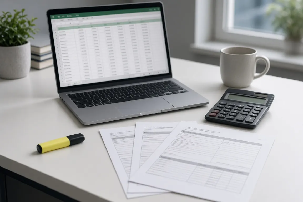 A laptop showing an unreadable spreadsheet next to a calculator and printed quotes on an office desk