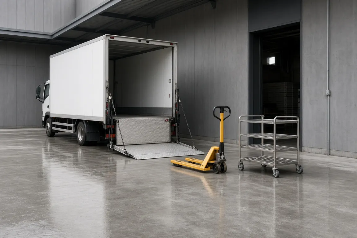 An empty clean loading bay with a hydraulic lift gate and a pallet jack at a large-animal aftercare site
