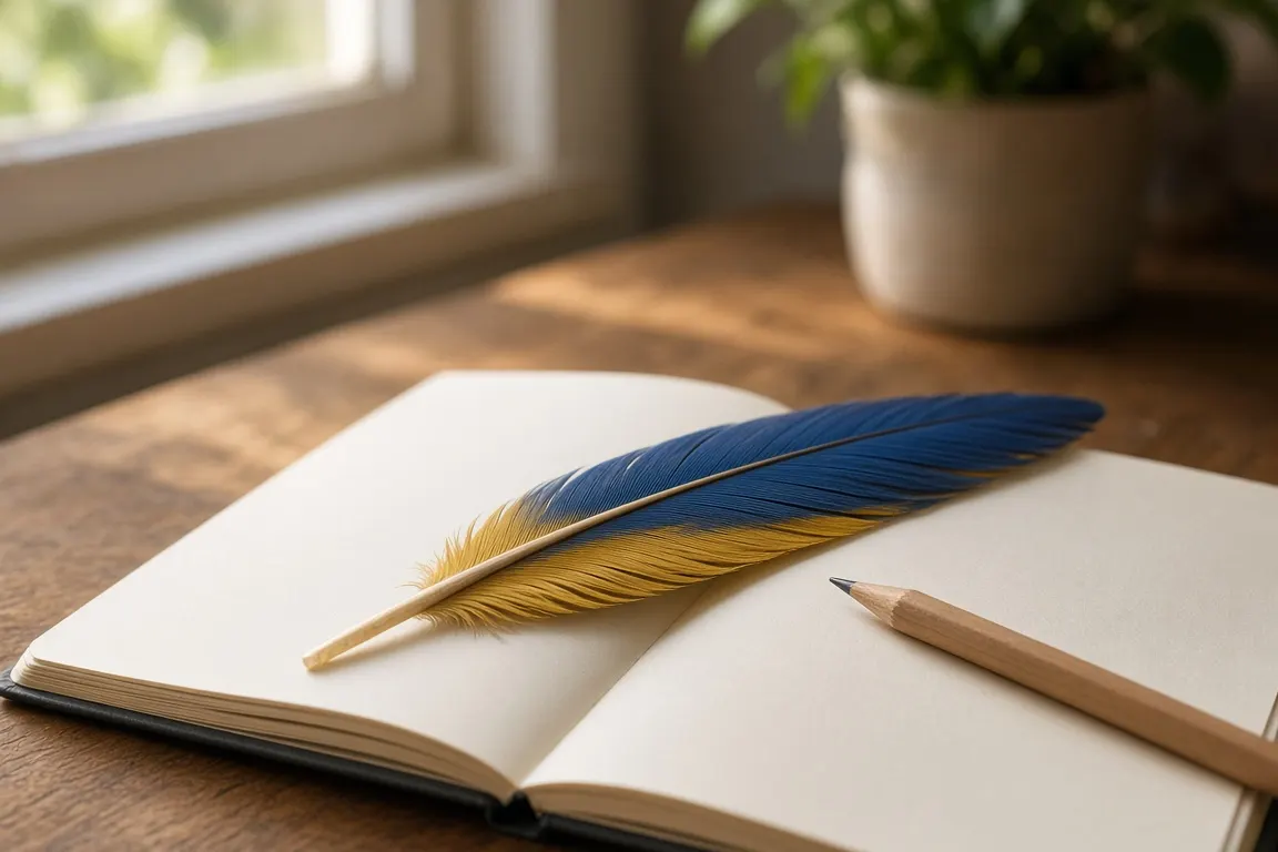 A single large macaw feather resting on an open notebook beside a pencil on a wooden table