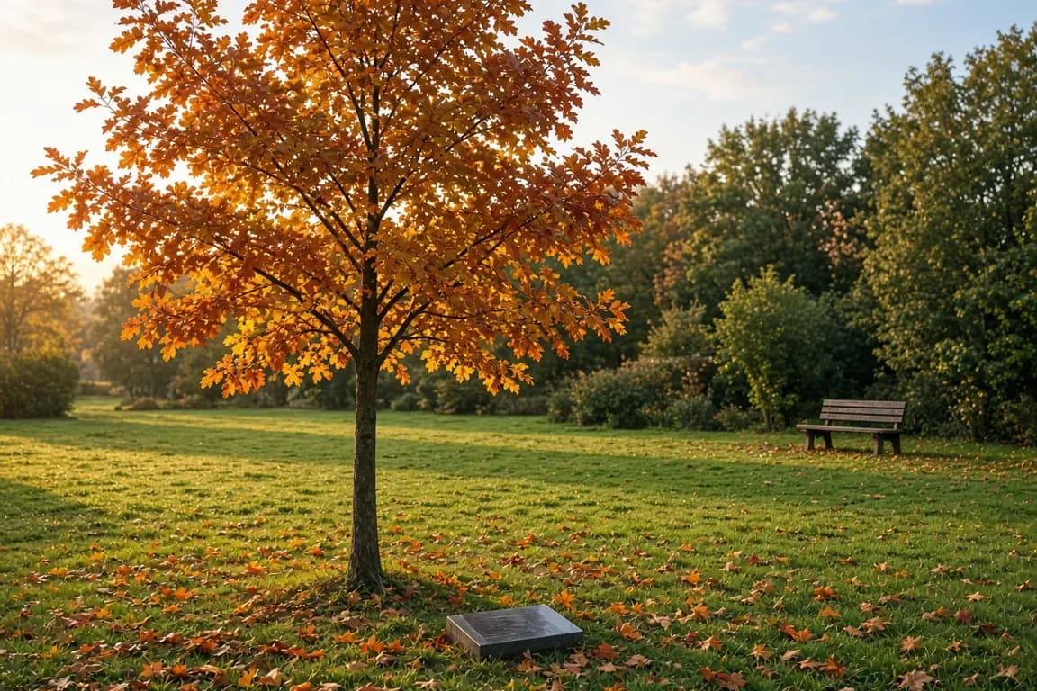 A young oak tree with a small granite marker at its base in a quiet corner of a zoo lawn in autumn