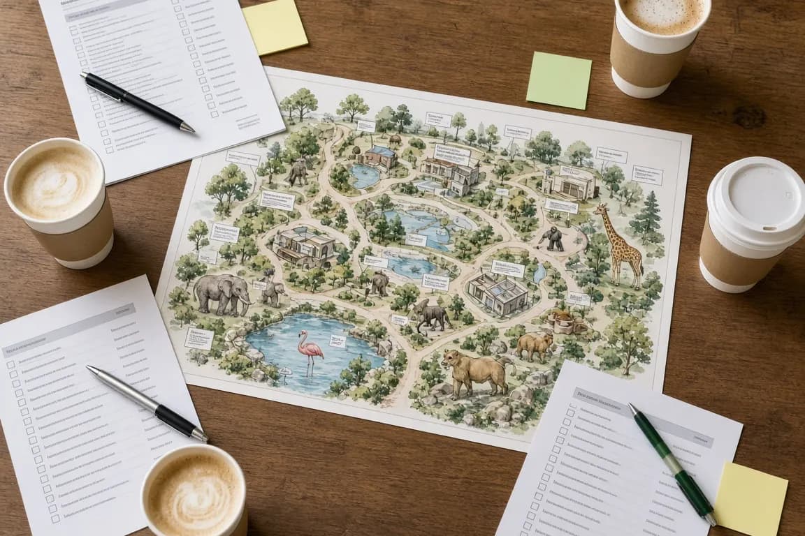 A meeting table with a site map, printed checklists and coffee cups in a zoo administration room