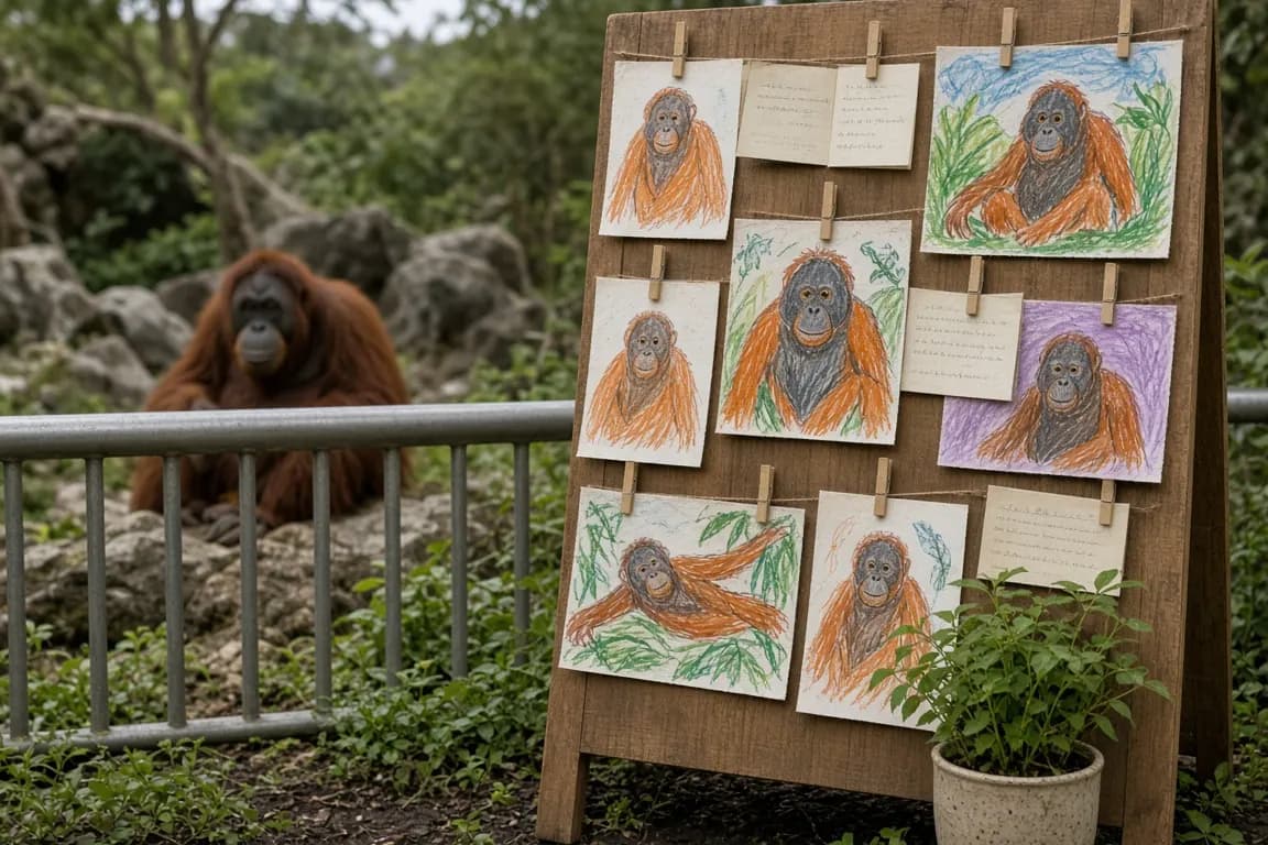 A wooden board covered with children's drawings and handwritten cards beside a zoo habitat fence