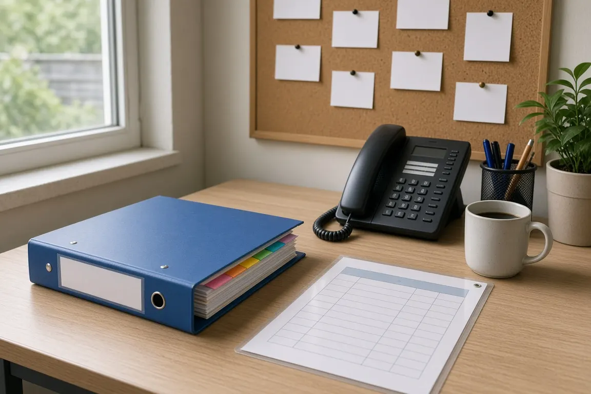 A labelled ring binder, a laminated checklist and a phone on a desk in a zoo office