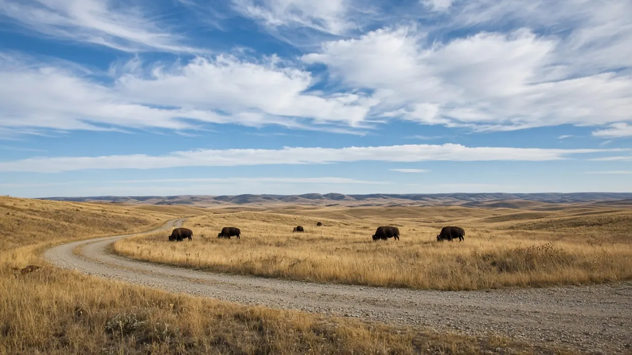Bison grazing on a rolling prairie sanctuary under a wide autumn sky with a gravel access road in the foreground