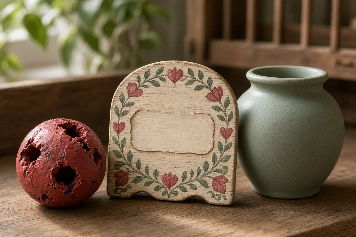 A well-chewed rubber enrichment ball and a hand-painted name sign on a shelf beside a small urn