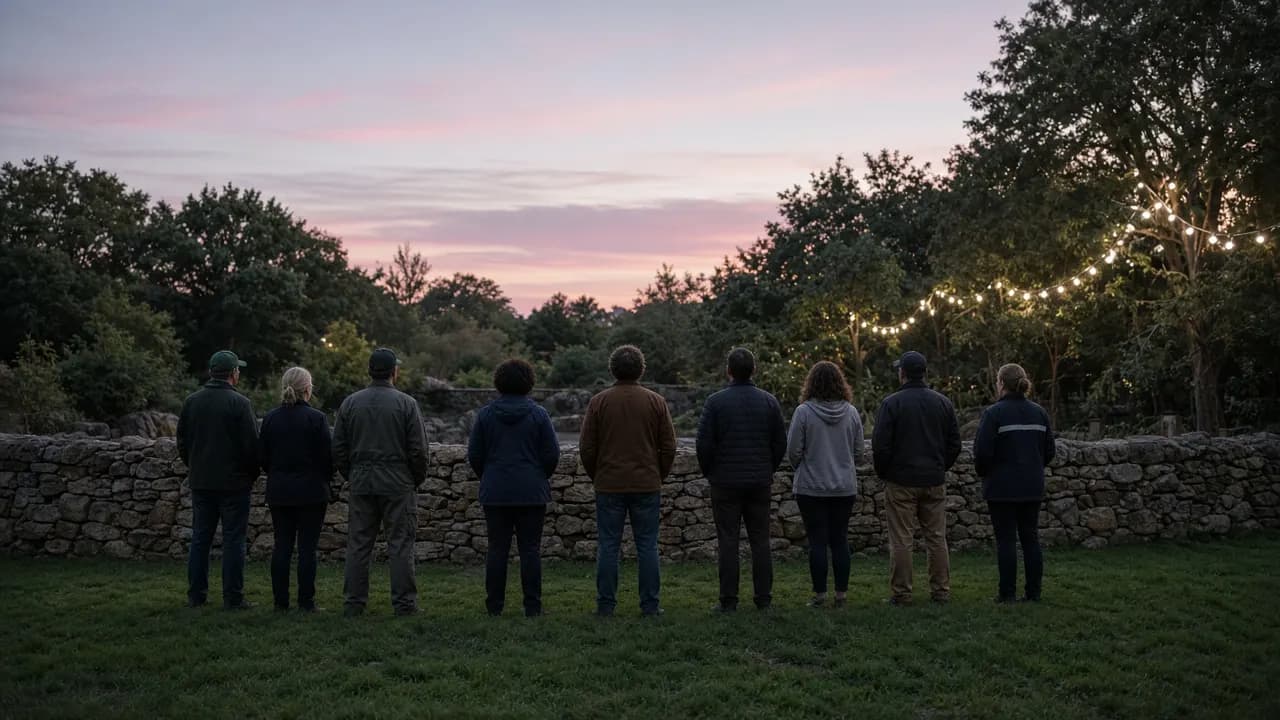 A small group of people standing in a semicircle on a lawn near a zoo habitat at dusk, seen from behind