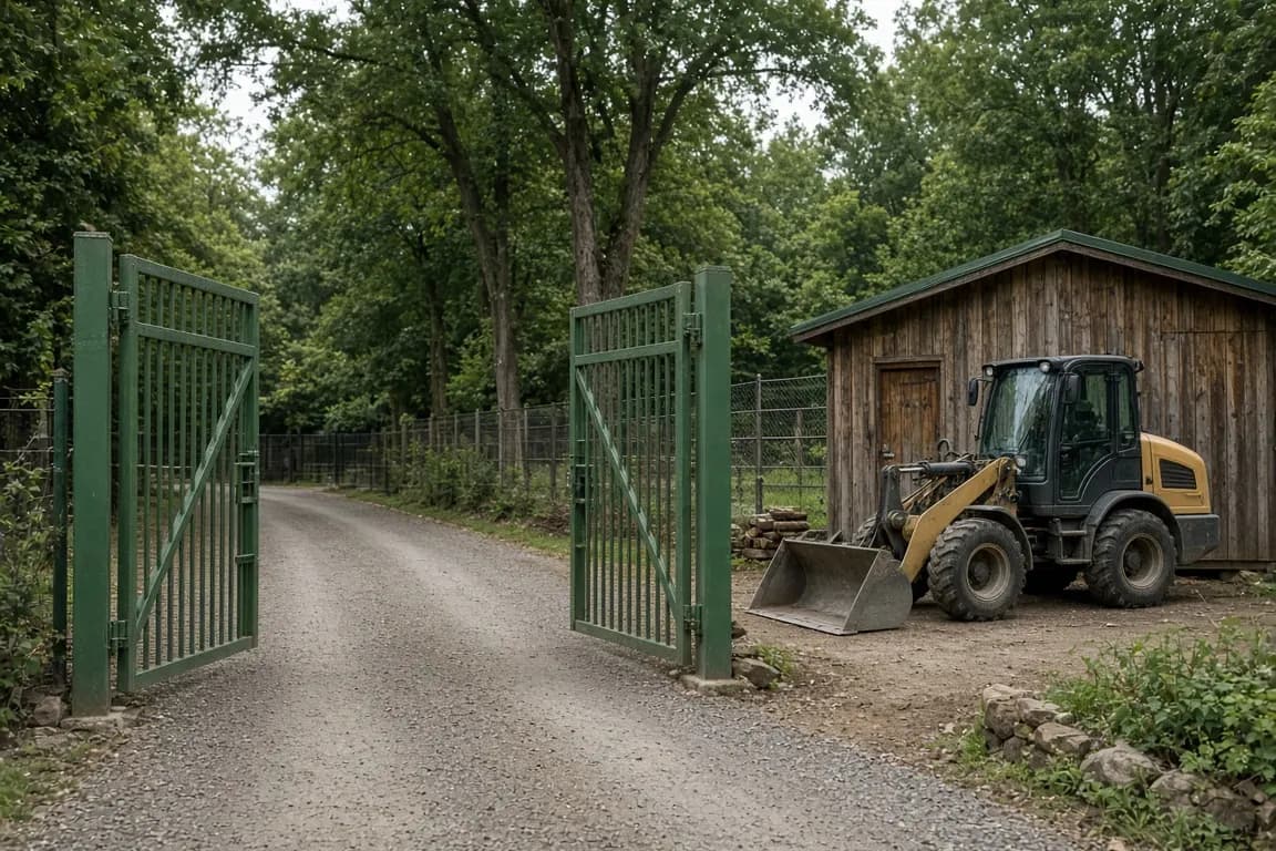 A wide service gate and gravel access road behind a zoo enclosure, with a small loader parked beside a keeper's shed
