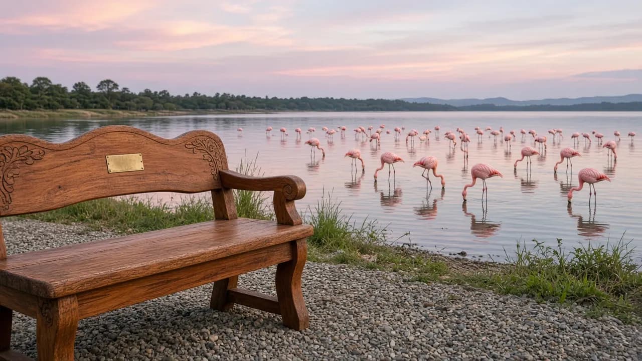 A carved wooden bench with a small brass plate overlooking a shallow lake where flamingos wade in soft evening light