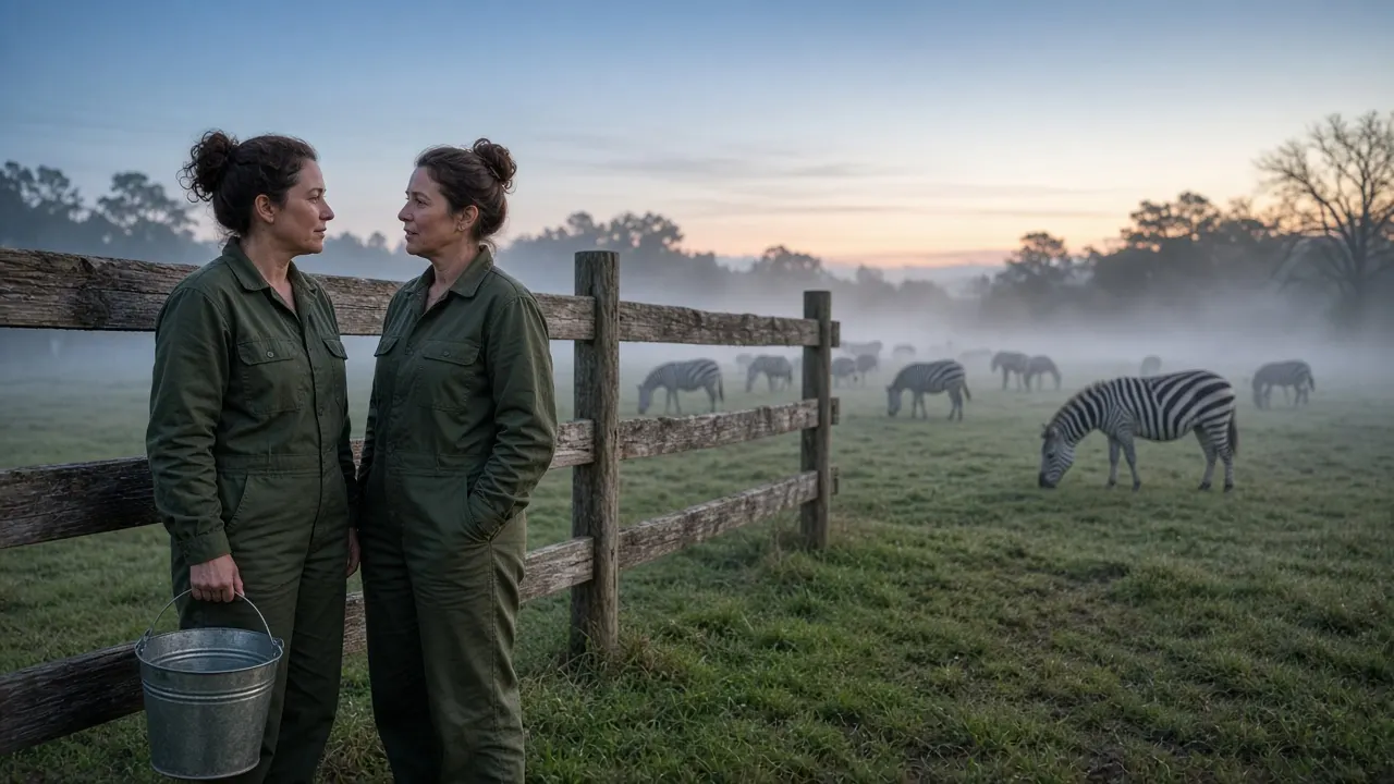 Two keepers in work uniforms talking beside a wooden paddock fence at dawn, with zebras grazing in the background