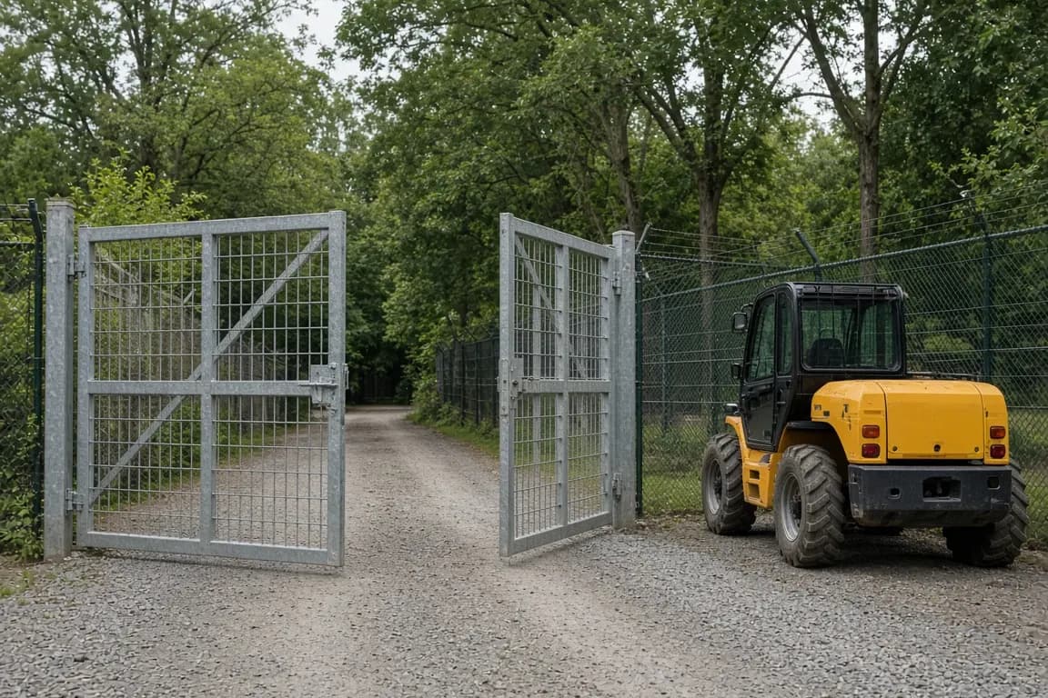 A wide service gate and gravel road behind a zoo habitat with a telehandler parked nearby