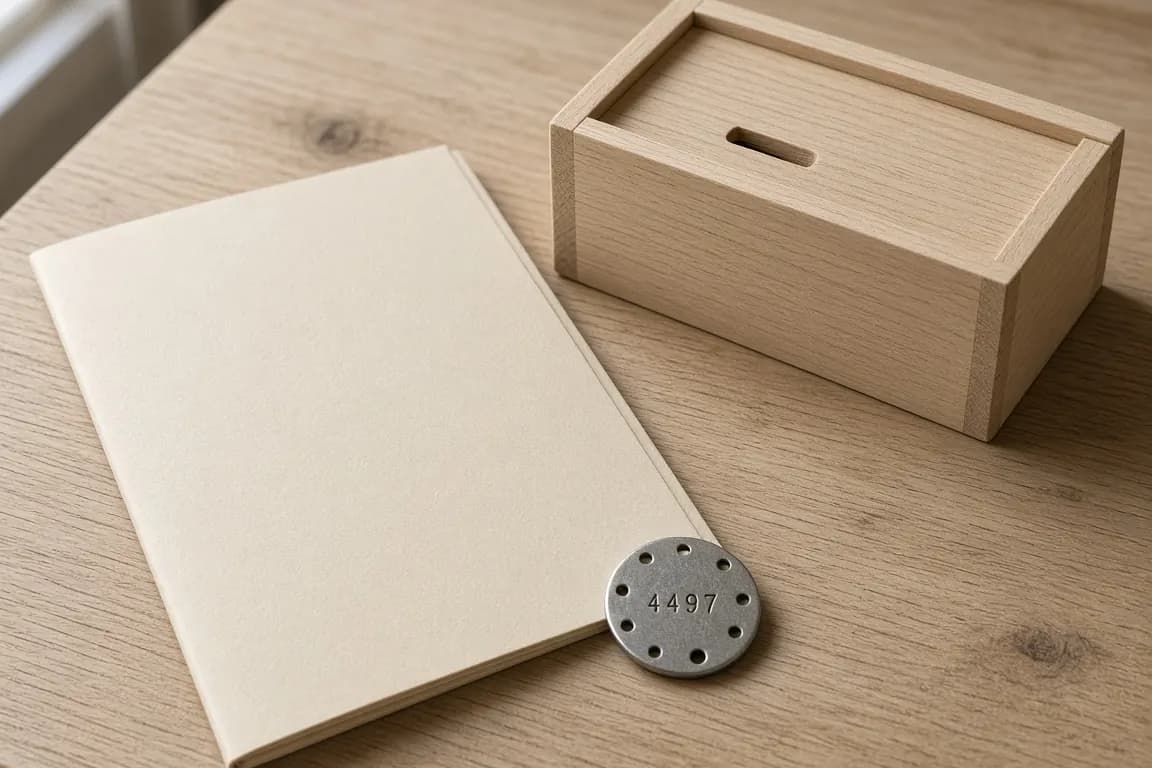 A plain cremation certificate folder, a stainless steel ID disc and a small wooden box on a table