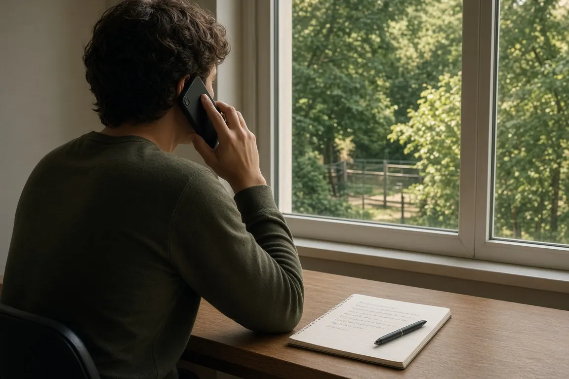 A person at a desk making a phone call with a notepad and pen, window overlooking trees
