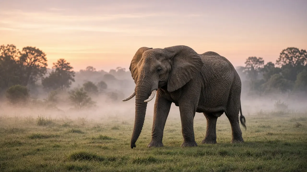 An adult African elephant walking through a spacious zoo habitat at dawn with mist over the grass