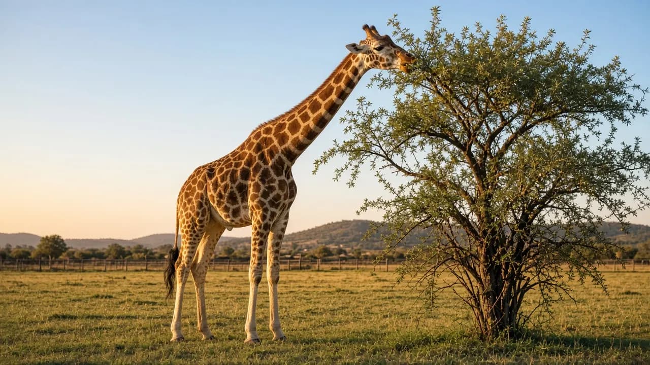 A reticulated giraffe browsing acacia leaves in an open zoo paddock at golden hour