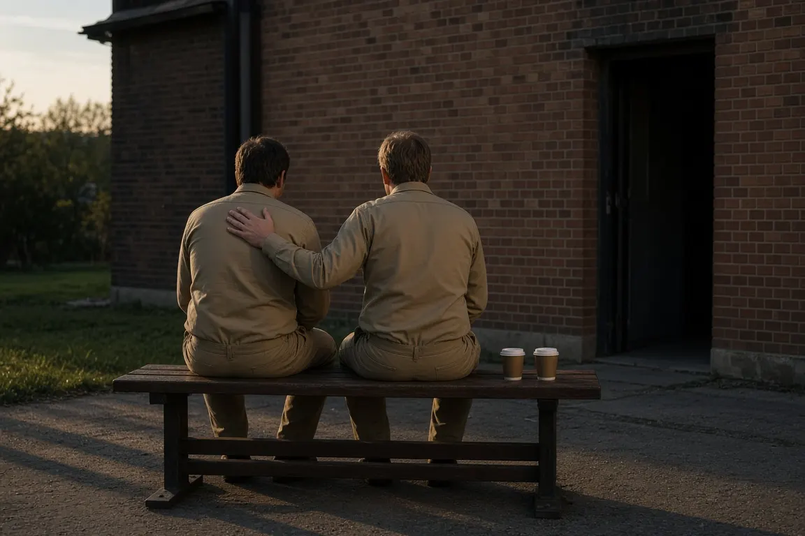 Two keepers in work uniforms sitting on a bench outside a service building with coffee cups, seen from behind