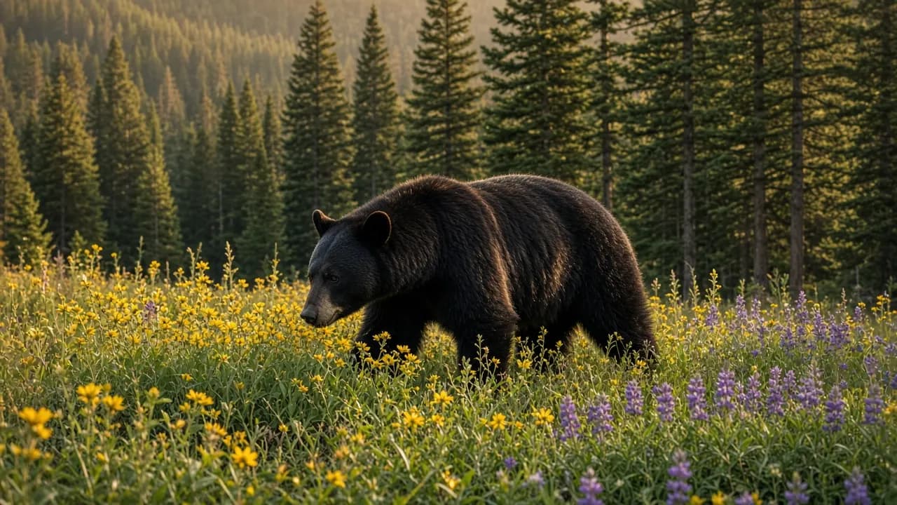 An American black bear walking through a meadow of summer wildflowers at a forested sanctuary