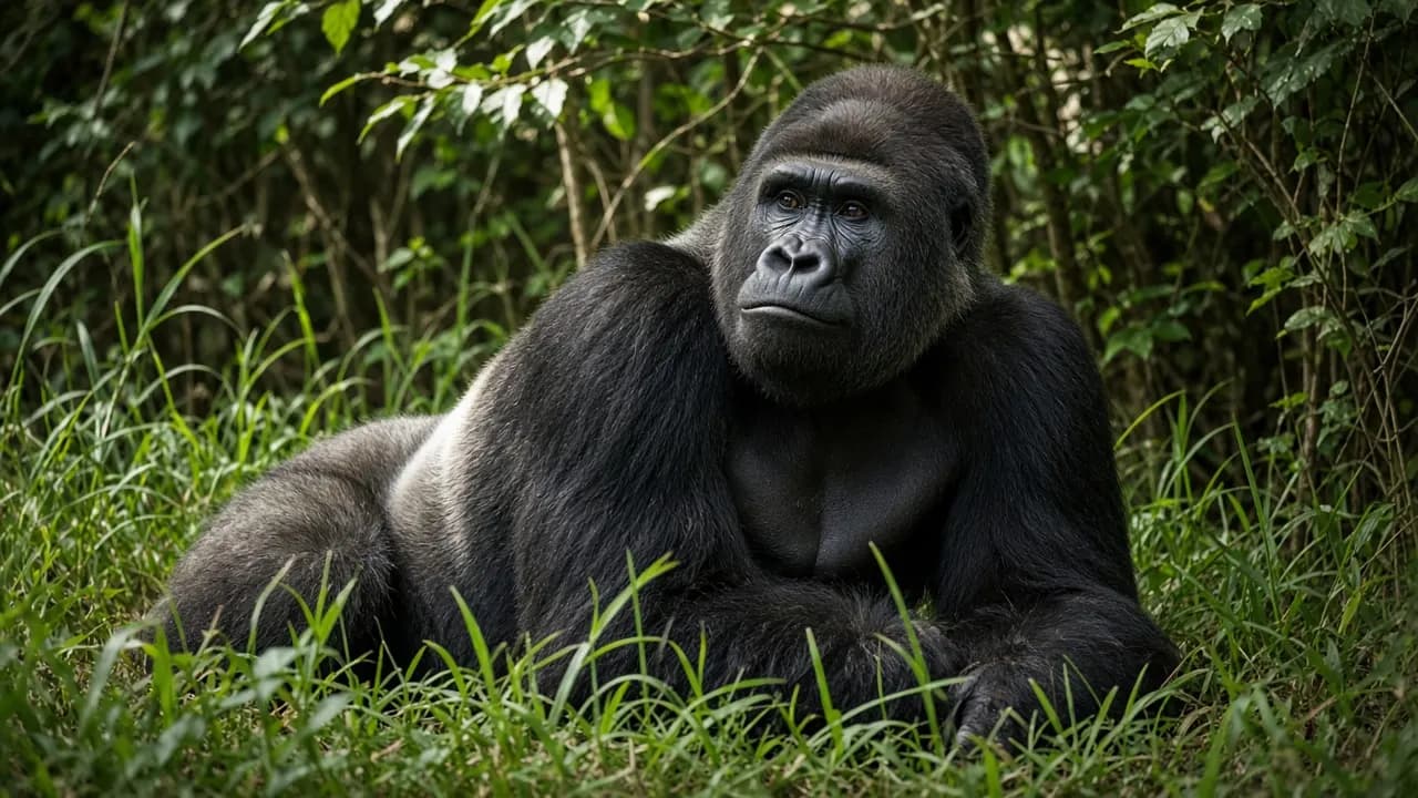 A silverback gorilla sitting calmly among tall grass and dappled shade in a forested zoo habitat