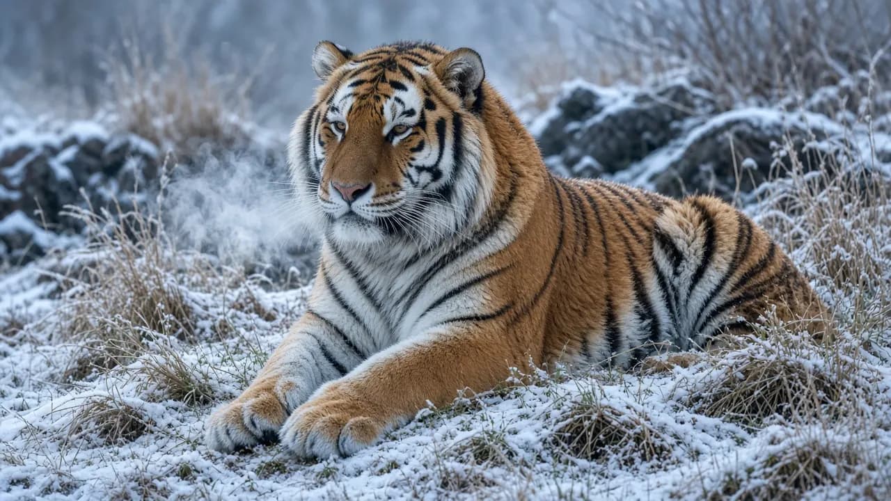 An Amur tiger resting on a grassy bank in a sanctuary enclosure on a snowy winter morning