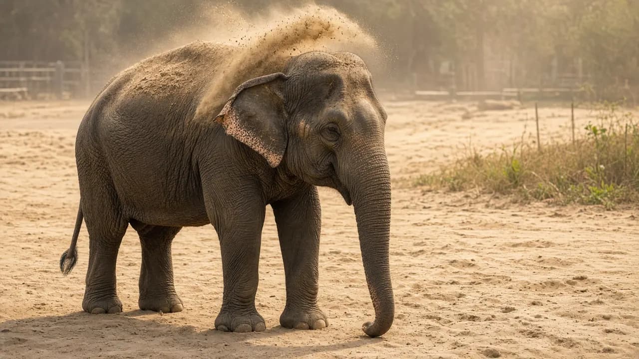 An older Asian elephant dusting herself with sand in a spacious zoo yard on a warm, hazy afternoon