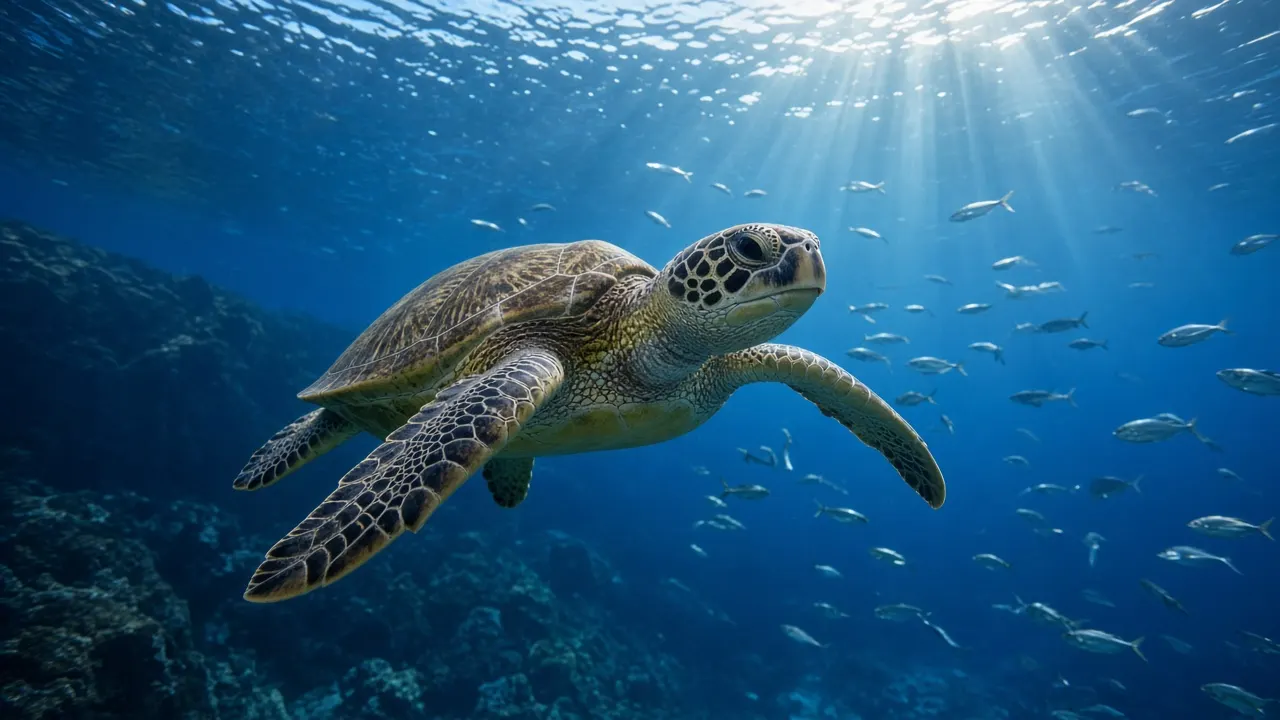 A green sea turtle gliding through clear blue water in a large aquarium tank, lit from above