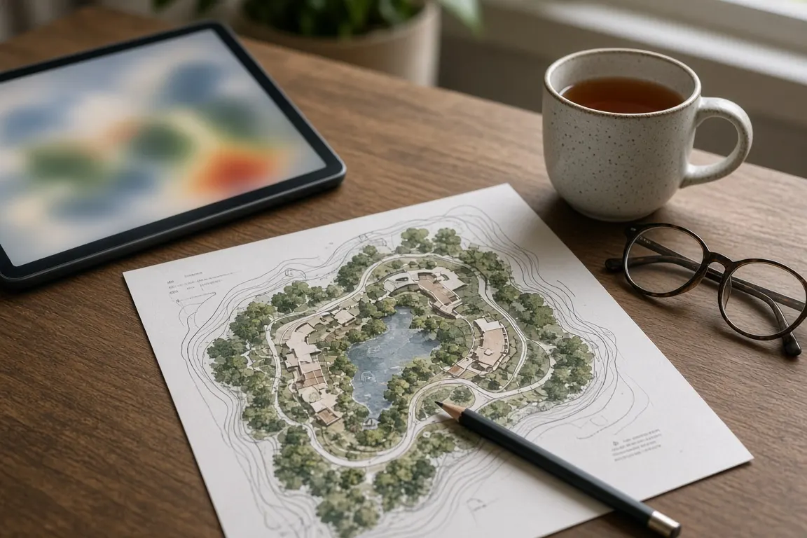 A veterinary team's planning table with a tablet, a printed habitat map and a mug of tea in soft window light