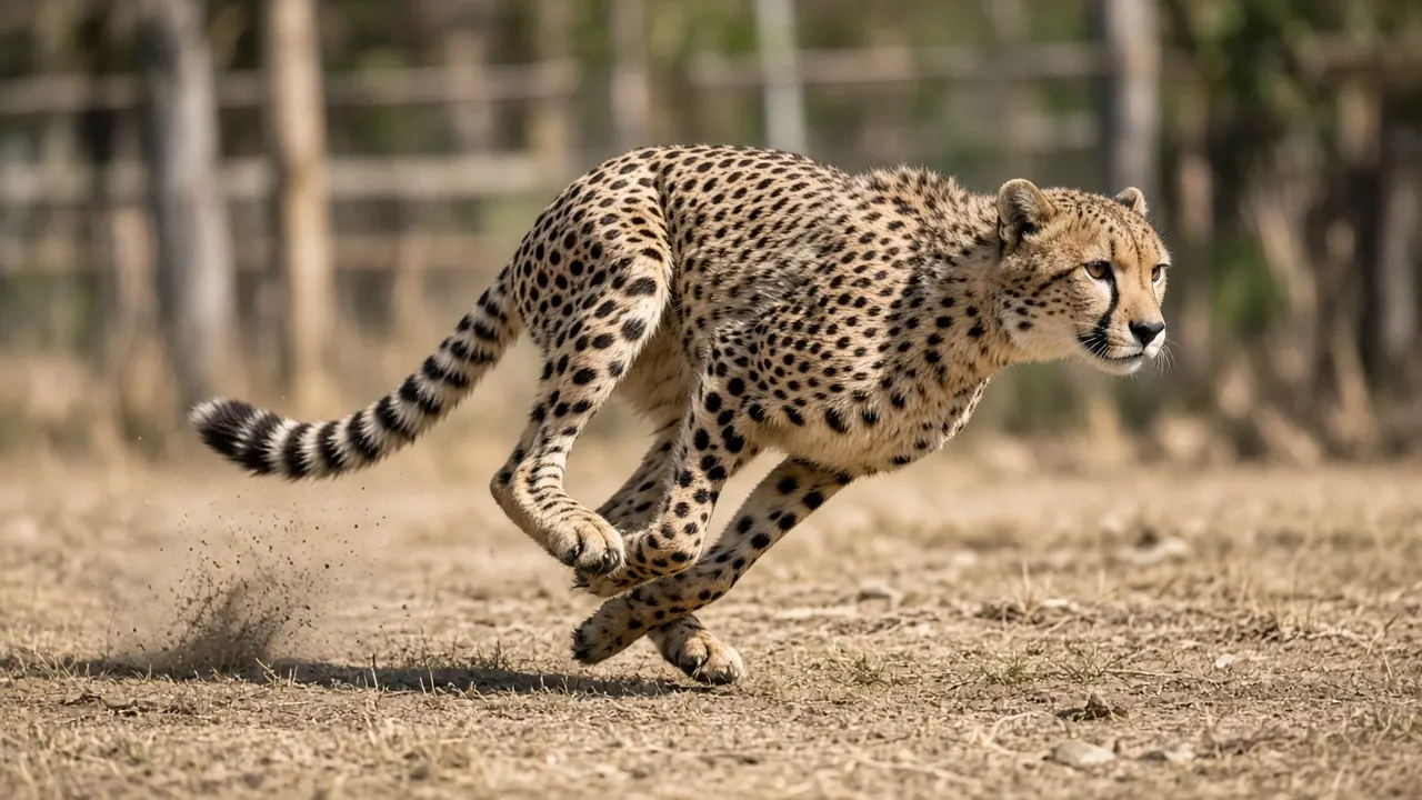 A cheetah sprinting across a dry grass run in bright late-morning sun with dust rising behind it