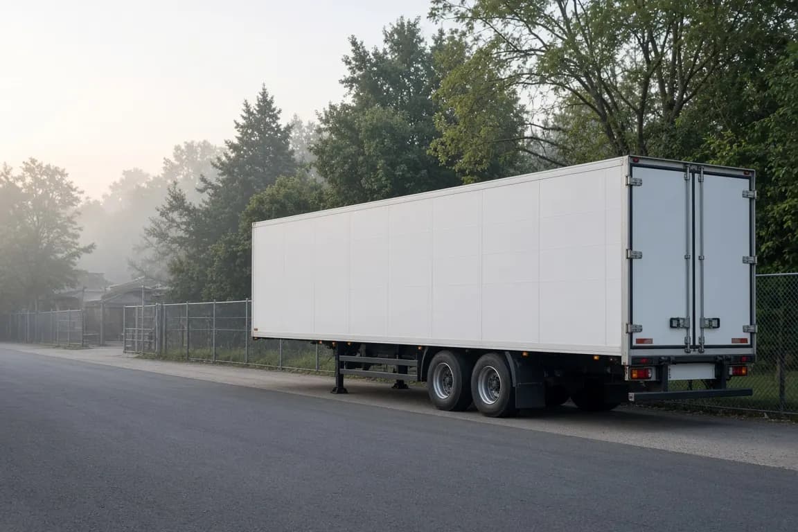 A white refrigerated trailer parked beside a service road behind a zoo at dawn