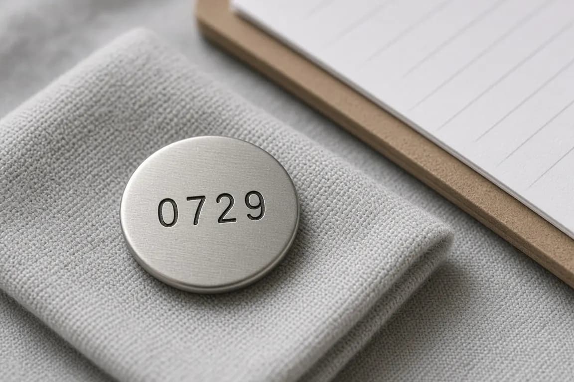 A numbered stainless steel cremation ID disc resting on a folded grey cloth beside a clipboard