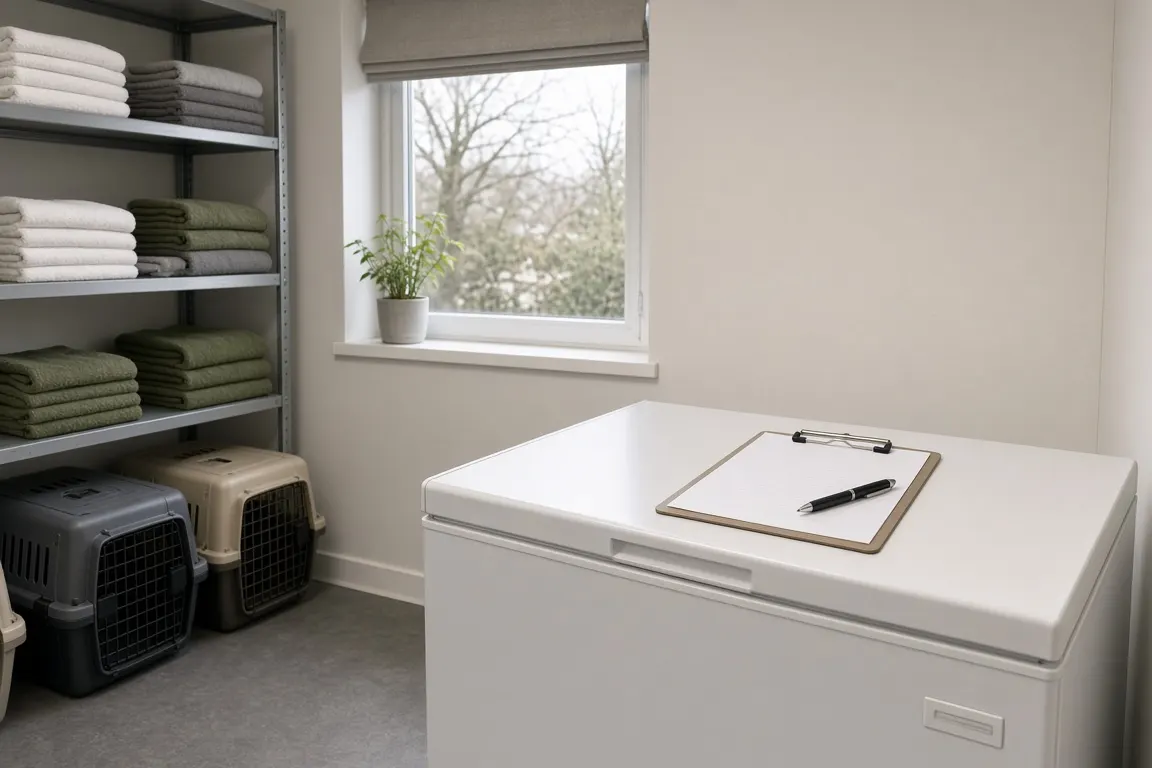 A chest freezer with a clipboard log on its lid in a tidy wildlife rehabilitation center utility room