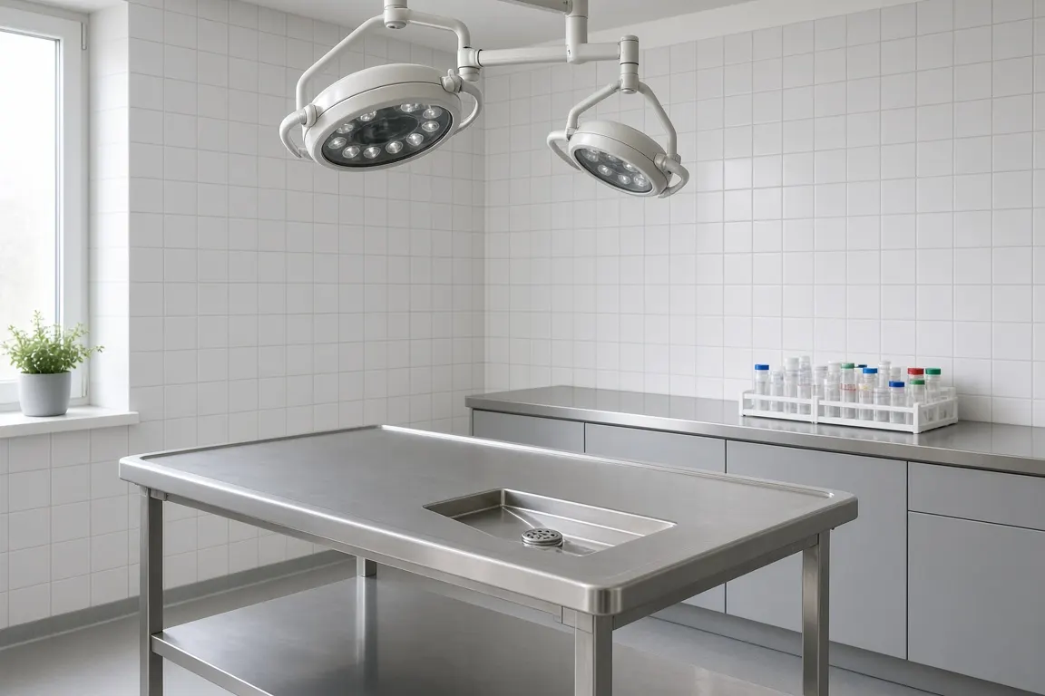 An empty, clean veterinary pathology room with a stainless steel table, overhead lights and a sample rack